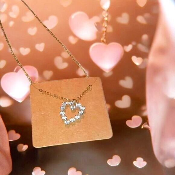 Necklace Gold Plated Chain w Heart Pendent Simulated Diamonds 10" hang length - Picture 8 of 13